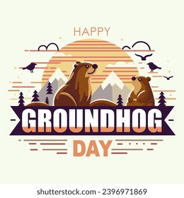 Happy Groundhog Day design with cute groundhog and beautiful landscape, flat design