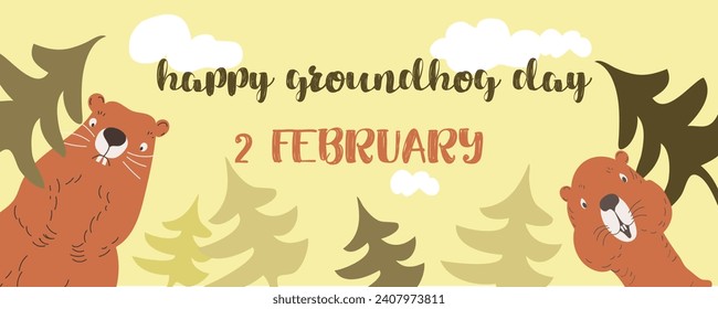  Happy Groundhog Day design with cute groundhog.Web banner, greeting card,poster ,templates