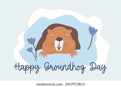  Happy Groundhog Day design with cute groundhog.Web banner, greeting card,poster ,templates