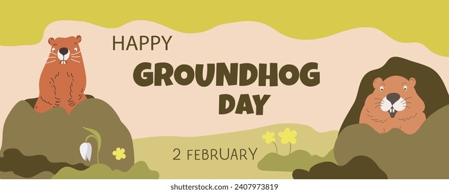  Happy Groundhog Day design with cute groundhog.Web banner, greeting card,poster ,templates