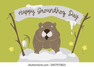  Happy Groundhog Day design with cute groundhog.Web banner, greeting card,poster ,templates