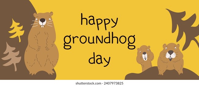  Happy Groundhog Day design with cute groundhog.Web banner, greeting card,poster ,templates