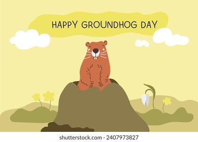  Happy Groundhog Day design with cute groundhog.Web banner, greeting card,poster ,templates