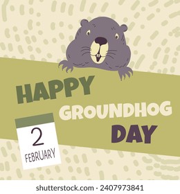  Happy Groundhog Day design with cute groundhog.Web banner, greeting card,poster ,templates