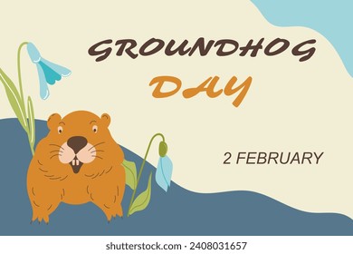 Happy Groundhog Day design with cute groundhog.Web banner, greeting card,poster ,templates