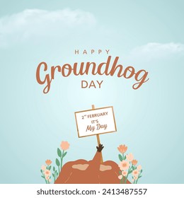 Happy Groundhog Day design with cute groundhog showing board. Vector illustration.