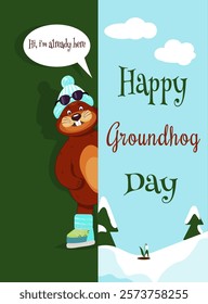 Happy Groundhog Day design with cute groundhog. For card, banner, invitation.