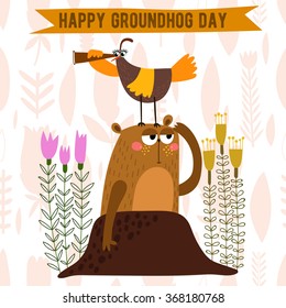 Happy Groundhog Day design with cute groundhog. Lovely card with cute groundhog for your design.