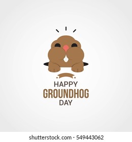 Happy Groundhog Day design with cute groundhog. Vector Illustration. A small, adorable groundhog with fluffy brown fur and bright black eyes. He's playfully peeking out of his burrow. flat style.