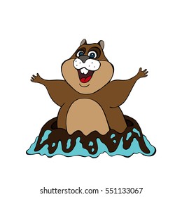 Happy Groundhog Day design with cute groundhog. Waking up Marmot on white background.