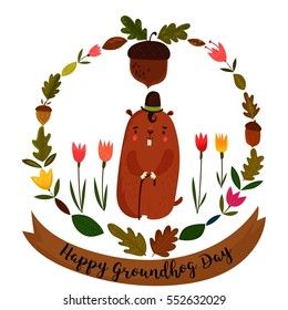 Happy Groundhog Day design with cute groundhog- stock vector

