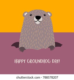 Happy Groundhog Day design with cute groundhog emerging from his burrow.