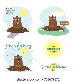 Happy Groundhog Day design with cute groundhog.Set