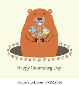 Happy Groundhog Day design with cute groundhog and decorative flowers. Holliday card 