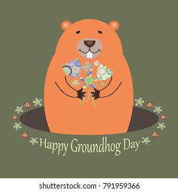 Happy Groundhog Day design with cute groundhog and decorative flowers. Holliday card 