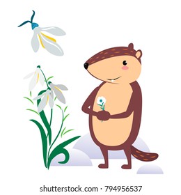 Happy Groundhog Day design with cute marmot holds flower - white snowdrop, prediction of weather, animal climbed out of ground burrows after wintering, hog gipernation vector illustration