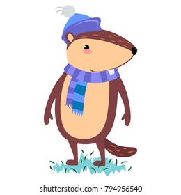 Happy Groundhog Day design with cute marmot in scarf stand on green grass, prediction of weather, animal climbed out of ground burrows after wintering, hog gipernation vector illustration