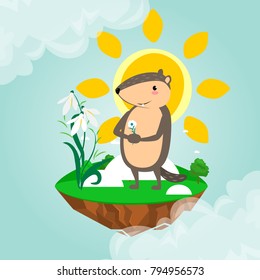 Happy Groundhog Day design with cute marmot holds flower - white snowdrop, prediction of weather, animal climbed out of ground burrows after wintering, hog gipernation vector illustration