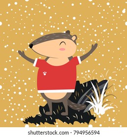 Happy Groundhog Day design with cute marmot stand on green grass, prediction of weather, animal climbed out of ground burrows after wintering, hog gipernation vector illustration