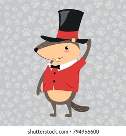 Happy Groundhog Day design with cute marmot marmots in black cylinder on head and bow tie, prediction of weather, animal climbed out of ground burrows, hog gipernation vector illustration