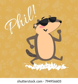 Happy Groundhog Day design with cute marmot in sunglasses walking park under the sun, prediction of weather, animal climbed out of ground burrows after wintering, hog gipernation vector illustration