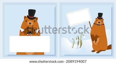 Happy groundhog day design with cute marmots. Marmot or beaver wild animal relax on nature vector illustration. Funny character. set of greeting cards. Vector illustration.
