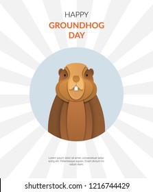 Happy Groundhog Day design with marmot on round blue background. Paper cut style. Vector illustration.