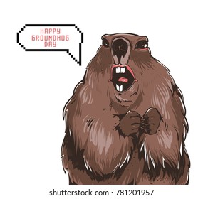 Happy Groundhog Day design. Nice drawn marmot. Creative modern holiday vector illustration. 