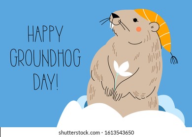 Happy Groundhog Day. Design for print greetings card, banner, poster. Vector illustration.
