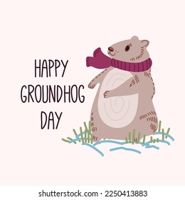 Happy Groundhog Day. Design for print greetings card, banner, poster. Vector illustration.