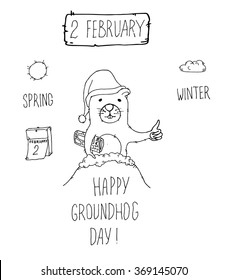 Happy Groundhog Day design set. Second of February. Hand drawn vector illustration.