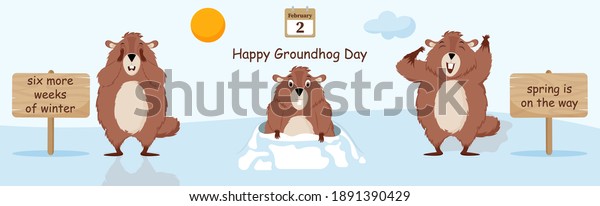 Happy Groundhog Day.
Diagram with illustrations of cute and funny groundhogs. Vector
illustration.