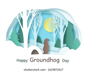 Happy Groundhog Day. February 2. Vector. Paper cut design for printing greeting cards, banners, posters. Groundhog in the forest, climbed out of the hole.