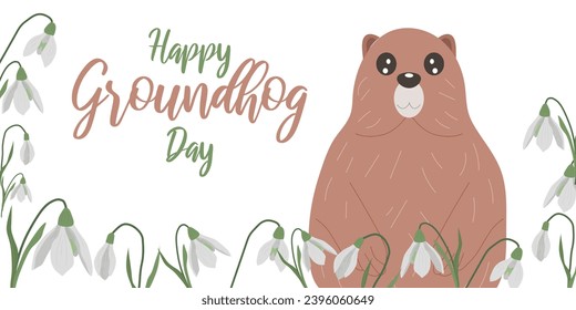 Happy Groundhog Day February 2. Holiday concept. Frame of snowdrops. Cute funny character. Vector illustration.