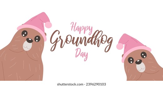 Happy Groundhog Day February 2. Awakened groundhog in a nightcap. Holiday concept. Cute funny character. Vector illustration.