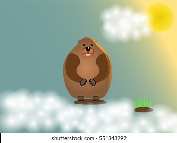 Happy Groundhog day, february 2, cute vintage card. Symbol of coming spring. Snowy landscape with sun.