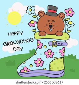 Happy Groundhog Day in flower boot kawaii sticker. Cute woodland animals (Woodchuck cartoon) Forecast weather. Harbingers of spring. Vector illustration Flat clipart banner and background.