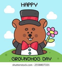 Happy Groundhog Day with flower nature kawaii sticker. Cute woodland animals (Woodchuck cartoon) Forecast weather. Harbingers of spring. Vector illustration Flat clipart banner and background.