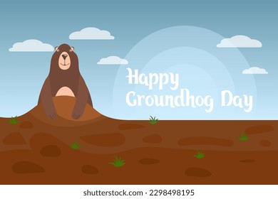 Happy groundhog day, funny cartoon groundhog on sunset background. Festive illustration, print, vector