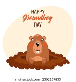 Happy groundhog day, funny groundhog character crawls out of the ground. Congratulation banner, postcard, poster, vector