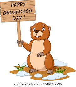 Happy groundhog day. Funny groundhog holding wooden sign