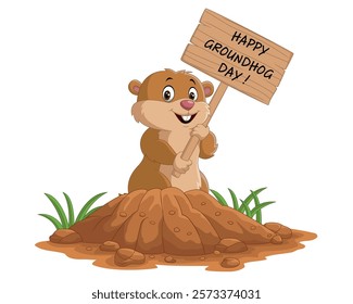 Happy groundhog day. Funny groundhog holding wooden sign vector