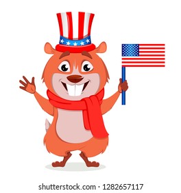 Happy Groundhog day. Funny marmot wearing Uncle Sam hat and holding USA flag. Vector illustration on white background