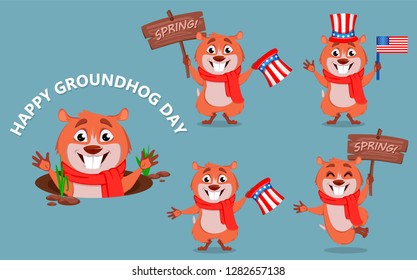 Happy Groundhog day. Funny marmot, set of five poses. Vector illustration. 
