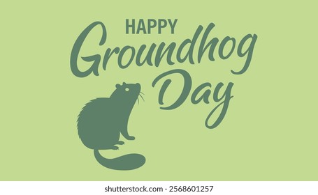 Happy groundhog day green simple flat banner with rodent silhouette and inscription. Vector graphics.