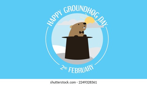 Happy groundhog day greeting banner vector illustration with groundhog Phil popping from a top hat. Sun hidden by clouds. Circle logo design.