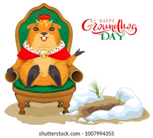 Happy groundhog day greeting card. Marmot king sitting on throne chair. Isolated on white fun vector cartoon illustration