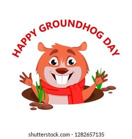Happy Groundhog day. Greeting card with funny marmot popping up from his burrow. Vector illustration. 