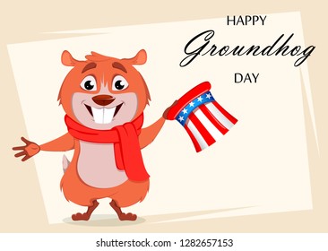 Happy Groundhog day. Greeting card with funny marmot holding Uncle Sam hat. Vector illustration on white background
