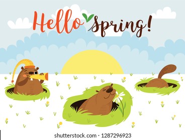 Happy Groundhog Day. Greeting card with cute cartoon marmot. Hand-drawn illustration-Vector